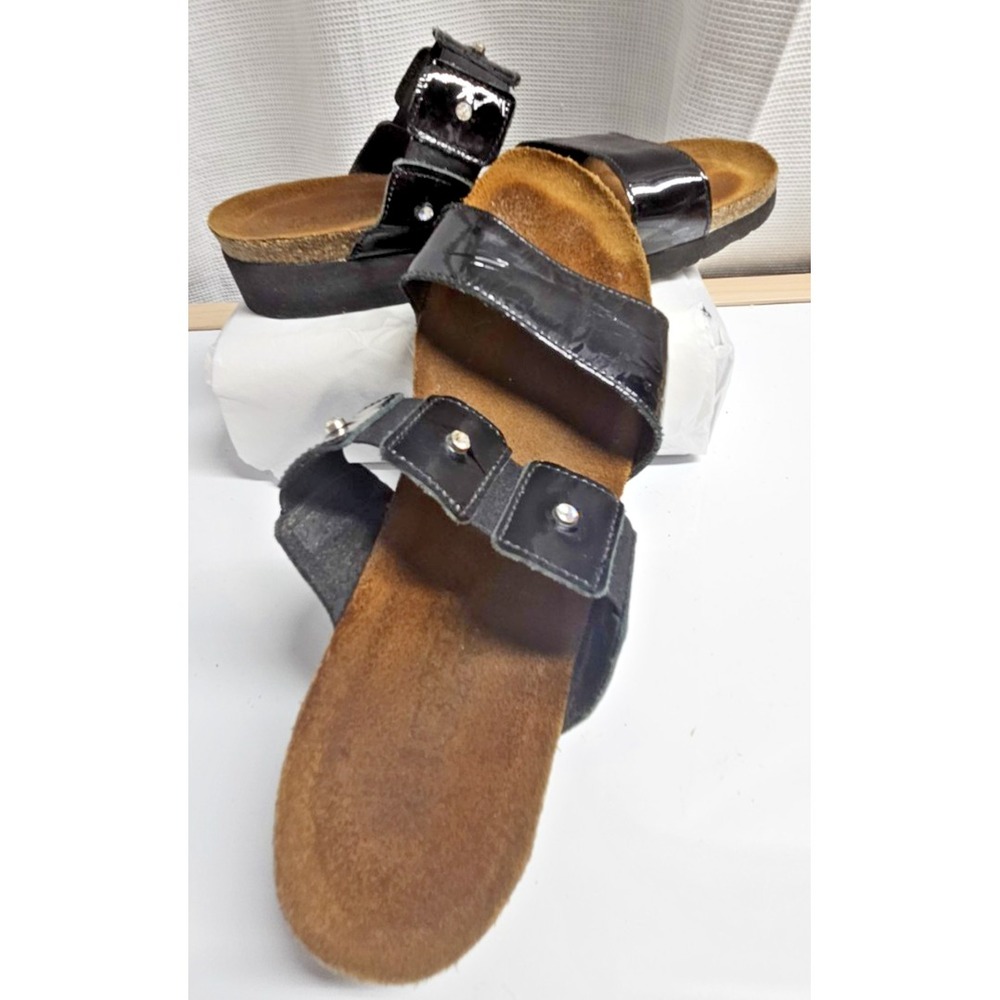 Naot Black patent leather ashley two‎ strap rhinestones cork sandals Sz 39/L8